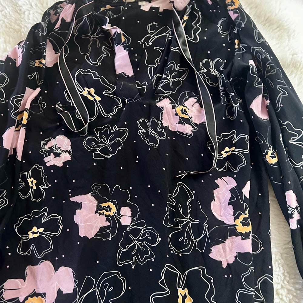 Floral Black and Pink Long Sleeve Blouse 100% Silk Vintage